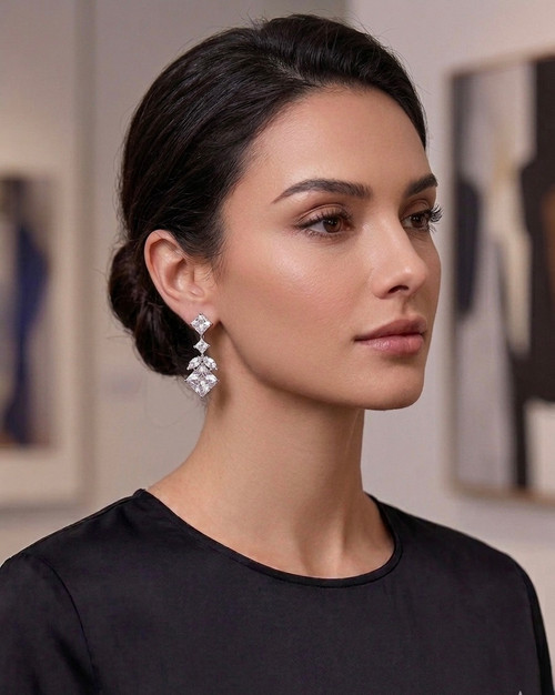 Earring-  Cubic zirconia hanging stud with 3 diamonds ( colour options) sterling silver posts , min 2 pcs each colour