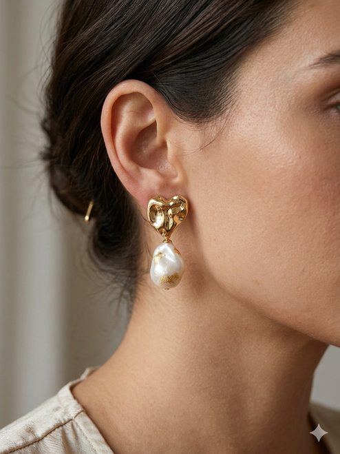 Earring gold heart hanging pearl look