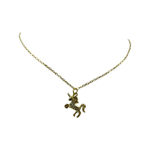 Necklace- Flat gold rhinestone unicorn on gold titanium chain with extension , 14"