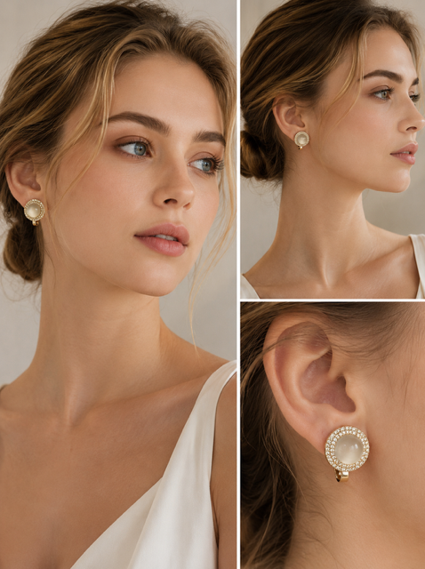 Clip earring Cat's Eye  White Size 8mm