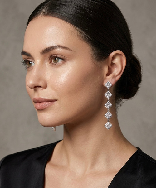 Dangling  Earring cubic zirconium stone silver stud 2.25 inches long