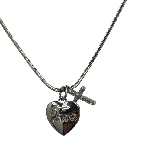 Crystal Cross & Love Heart Pendant Necklace