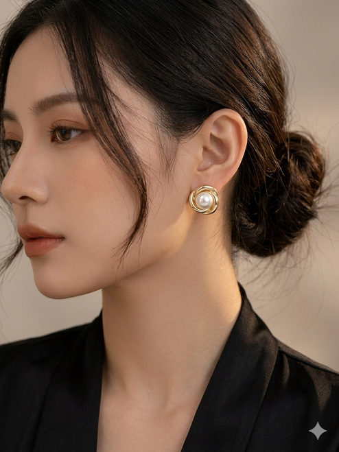 Earring stud  Natural pearl gold trim post Sterling silver
