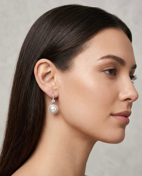 Earring Dangling Freshwater Pearl Trim around rhinestones