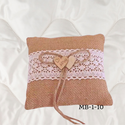 Brown wedding pillow with lace and wooden hearts – Rustic Style