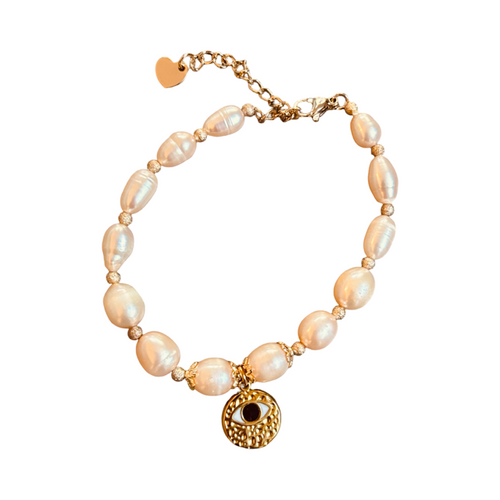Vintage Peach Pearls  Bracelet with Charm Evil Eye
