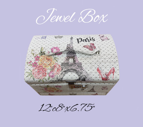 Jewelry Box – Eiffel Tower with flowers & high heels & butterflies, “Paris” with combo lock , Large