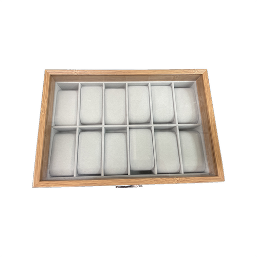 Large 12 piece wood with glass lid watch box