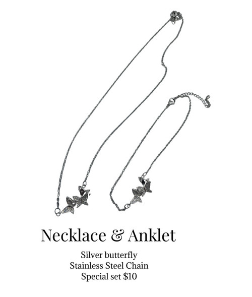 Necklace & anklet set special – Silver double rhinestone butterflies on titanium chain