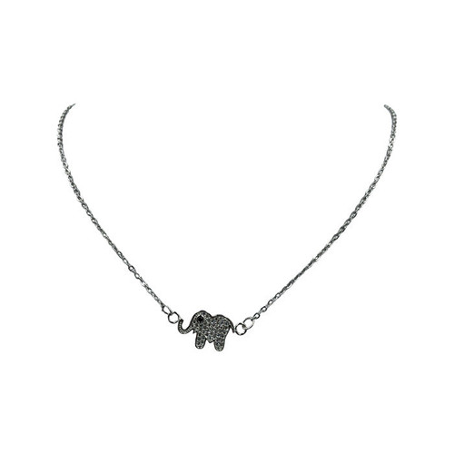 Necklace- Small flat silver rhinestone elephant on  with extension , 16"