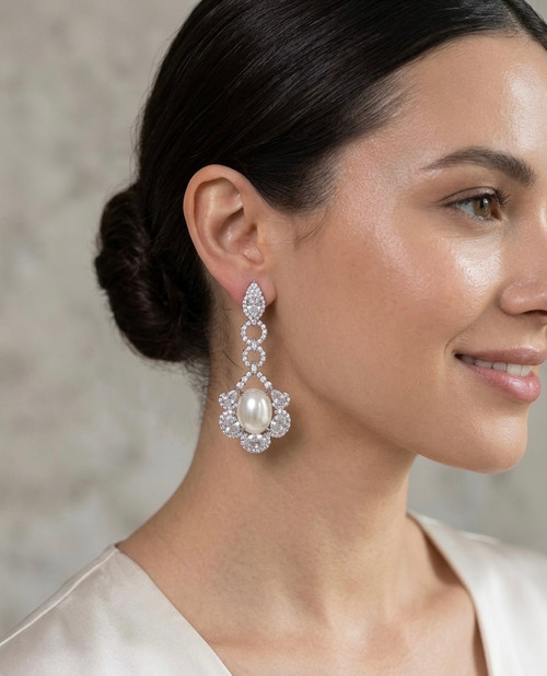 Cubic zirconia earring sterling silver post around with pearl