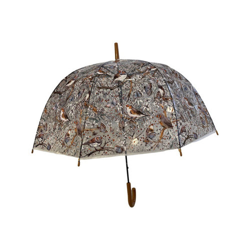 Umbrella- Clear dome with birds on branches, butterflies and flowers , "wood" look handle