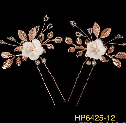 Hair pin rose gold with white flower 2 pc set