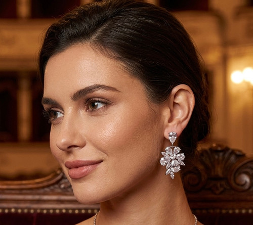 Cubic zirconia earring sterling silver post oval and flower