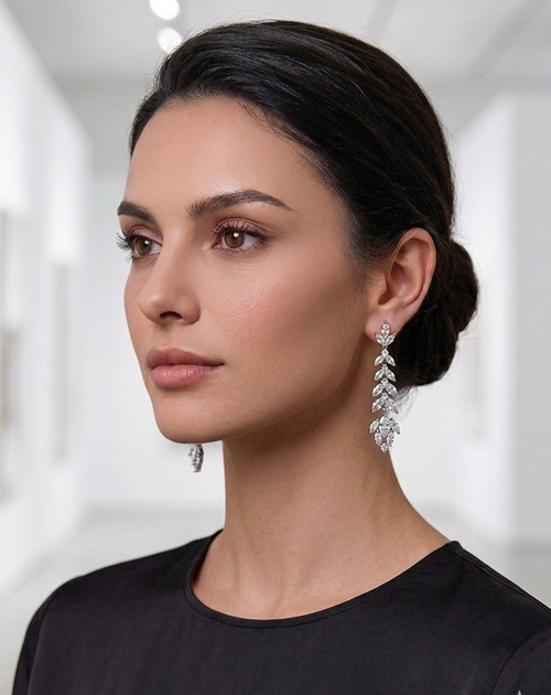 Dangling  Earring cubic zirconium stone silver stud 2 inches long