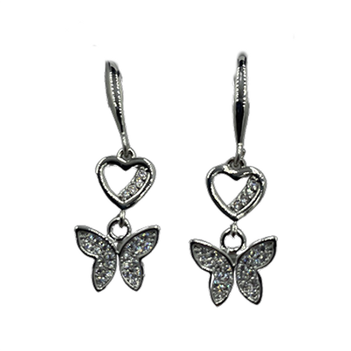 Earrings-Hanging hearts with hanging rhinestone butterflies