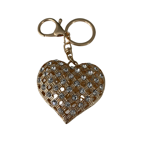 Keychain- Large 3D rhinestone heart , gold