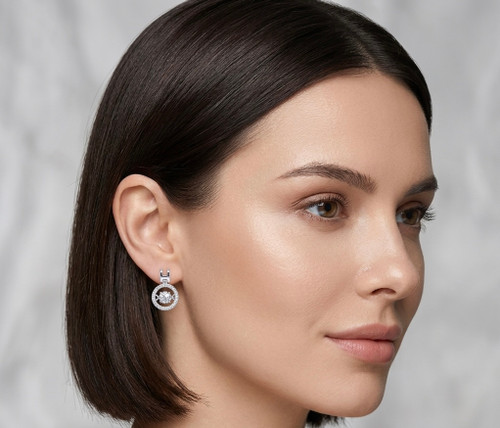 Earring- Hanging round rhinestone studs with crystal in middle, silver posts