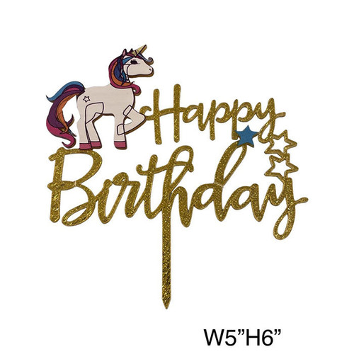 Acrylic Cake Topper - Happy Birthday with unicorn and stars (5" x 6", Gold/Silver)