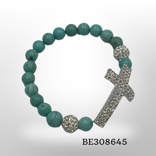 (Cross) Bracelet shine cross with shamballa beads turquoise stone made elastic