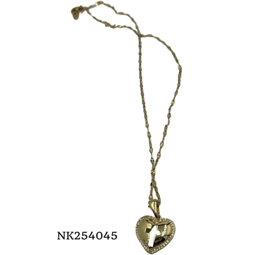 Necklace- heart with cross trim zirconia stone-Silver/Gold