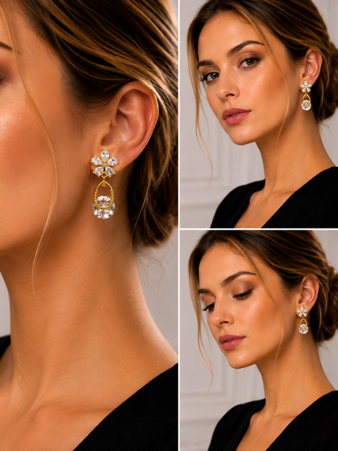 Clip earrings- Flower studs , hanging gold tear drops