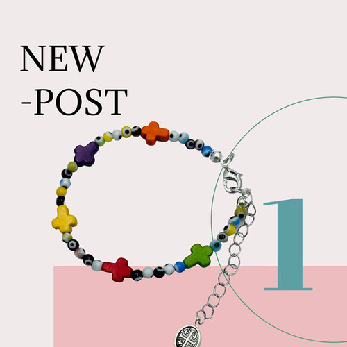 (Cross) Bracelet- Multi colour evil eyes beads with colourful cross charms, Min 2 pcs