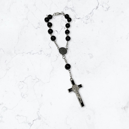 (Cross) Car or bracelet rosary- Black beads with black and silver cross