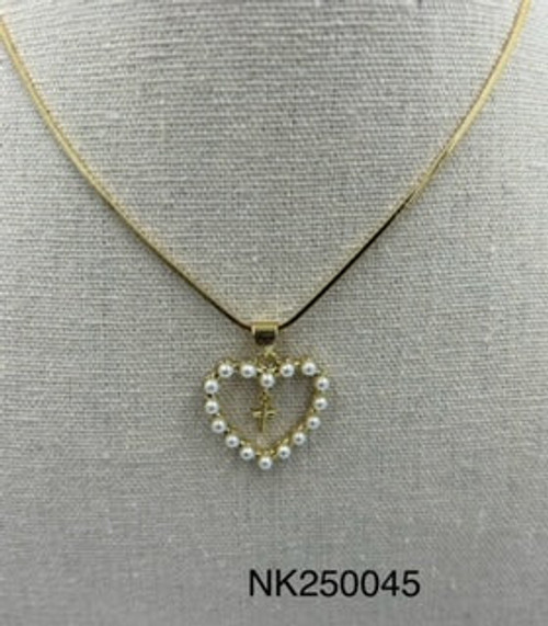 Necklace- Heart in side hang cross trim pearls outside