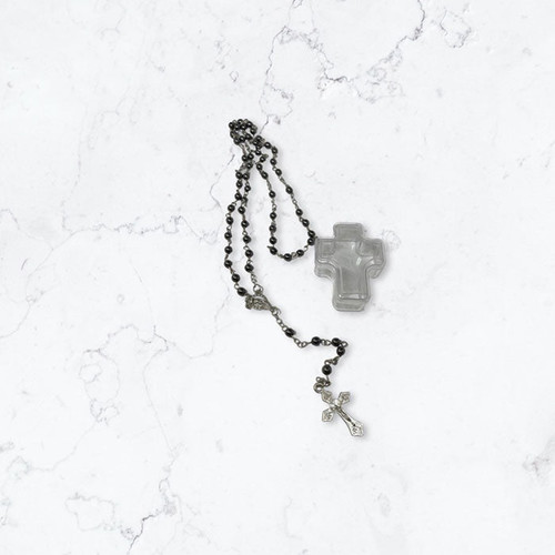Rosary- Hematite crystal bead necklace rosary in clear cross case