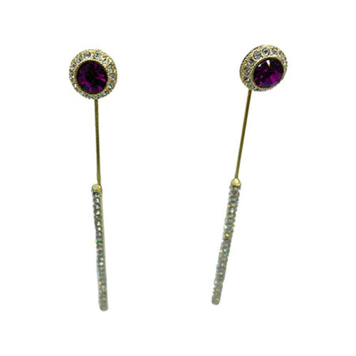 Earring- Purple stone with rhinestones around and hanging rhinestone bar