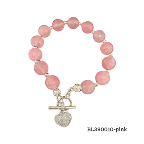 Bracelet -Rose quartz cut with silver beads finished heart pendant