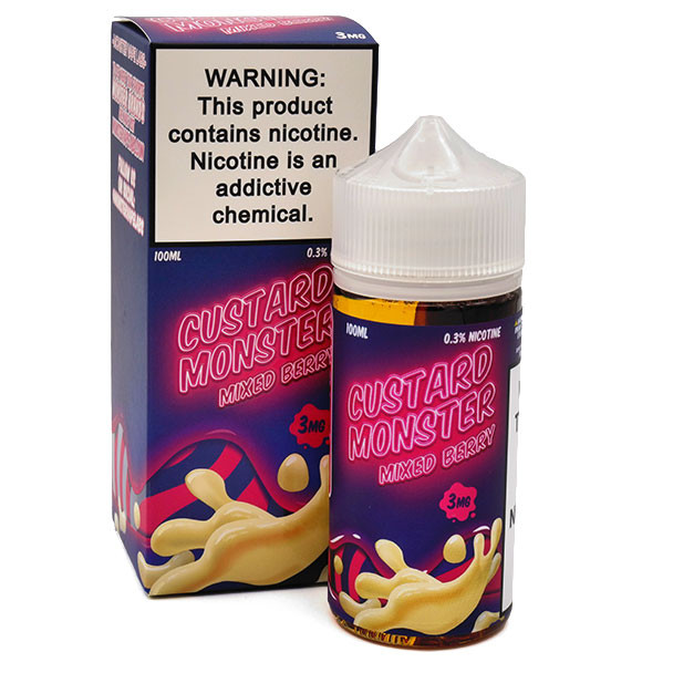 Custard Monster - Mixed Berry - 100ml - 3mg Bottle next to Box