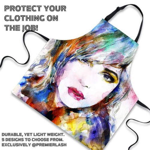 Watercolor salon apron with adjustable neck strap and waist tie for lash technicians and stylists