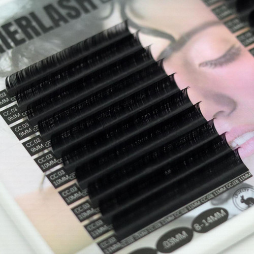 Close-up view of D Curl Cashmere lash extensions in a 20-row tray