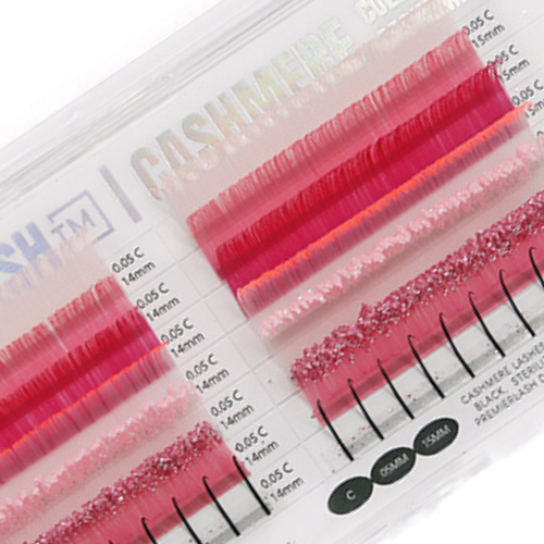 Pink cashmere lash extensions tray with fluorescent, ombre, glitter, and spike styles