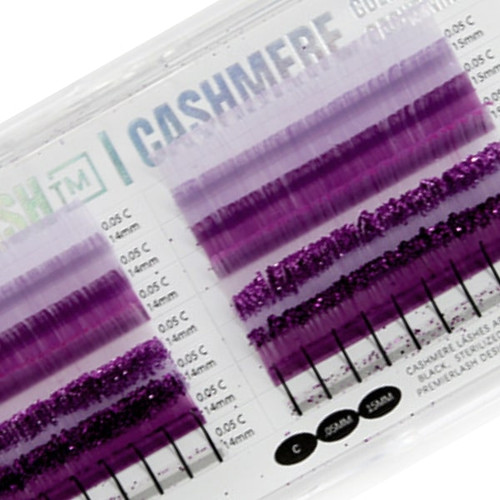 Purple cashmere lash extension tray with fluorescent, solid, ombre, glitter & spike styles
