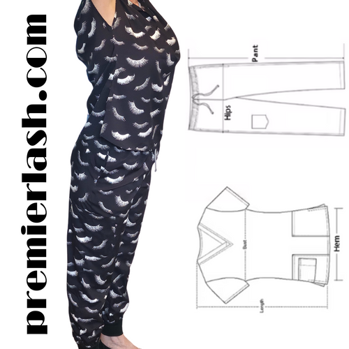 Lash print scrubs set with 6 pocket jogger pants and matching top for lash technicians