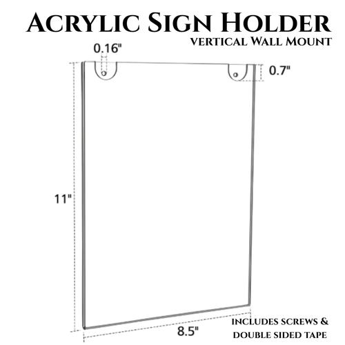 Clear Acrylic Sign Holder  |  8.5 X 11 Portrait Wall Mount