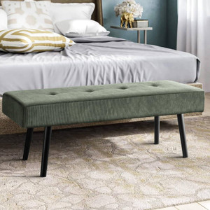 Mid-Century Green Corduroy Upholstered End of Bed Bench with Black Metal Legs Q280-CUBG939142584