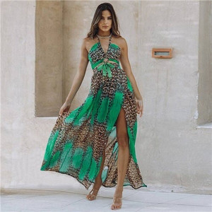 Leopard Embellished U.S. and European Fashion Wholesale Summer Women Long Style Dress - Green A392-fasd0134