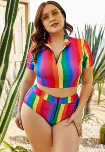 Plus Tonal Stripe High Waist Bikini Set H721-MLDZYY42-1