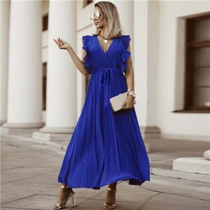Fashionable Slender Ruffle Sleeve Solid Color Chiffon Pleated Beach Dress - Royal Blue A392-fasd0139