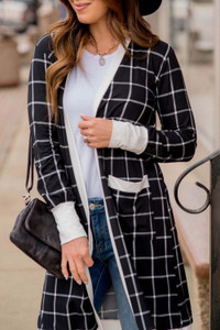 Black Plaid Colorblock Edge Open Cardigan with Pocket T543-8797485793522
