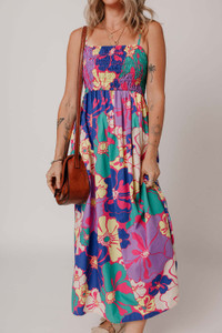 Purple Floral Print Shirred Spaghetti Strap Loose Maxi Dress T543-8784219406578