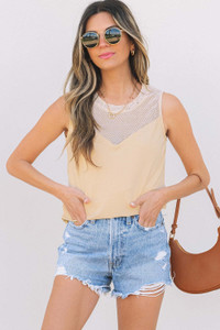 Oatmeal Solid Mesh Patchwork Crew Neck Tank Top T543-8791244898546