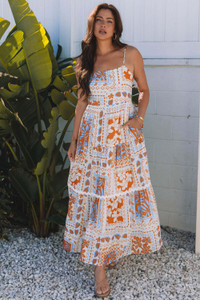Orange Multi Printed Ricrac Trim Spaghetti Straps Maxi Dress T543-8787415630066