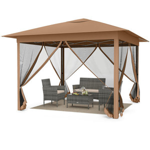 11.5 x 11.5 FT Pop-up Canopy Instant One-Person Setup with Mesh Screen Netting-Brown - Color: Brown D681-NP13037CF