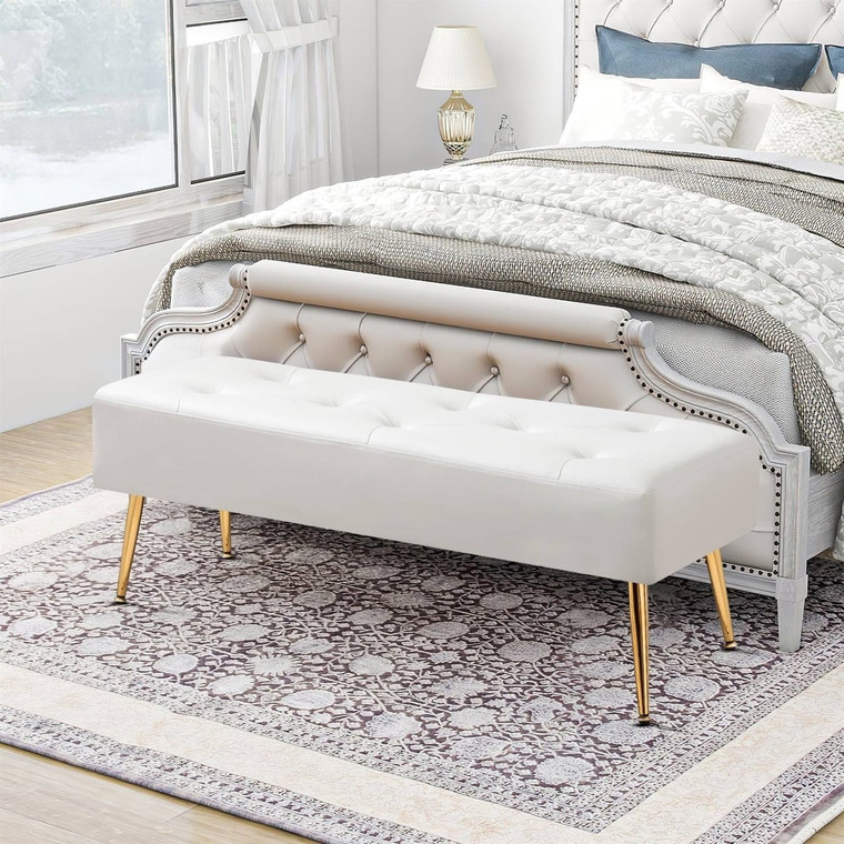 Modern Bed Bench Ottoman with White Ivory PU Leather Seat and Gold Metal Legs Q280-IVWHBW7685841