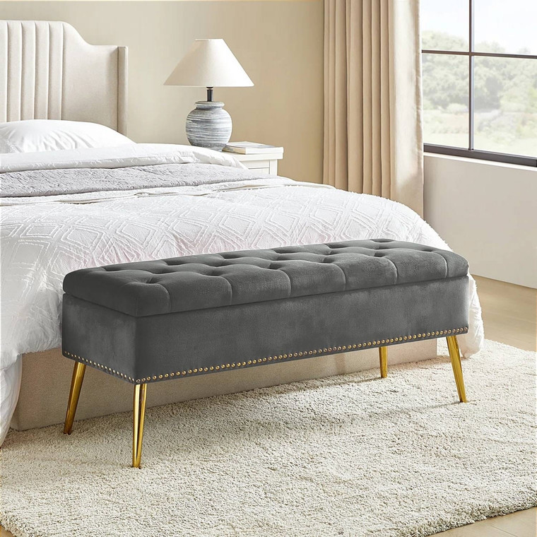 Mid-Century Modern End of Bed Storage Bench with Gray Velvet Seat and Gold Legs Q280-GRKUFSB149236851